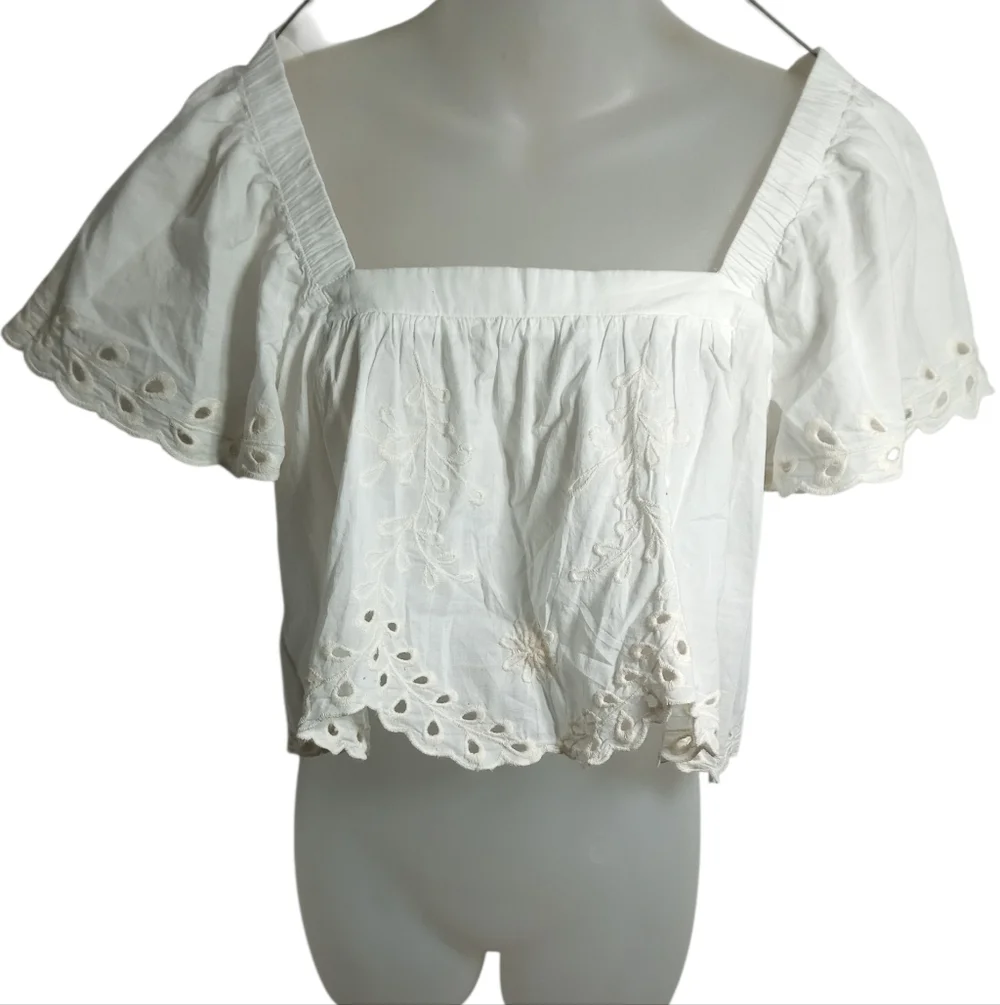 American Eagle Hippie Eyelet Lace Crop Top Square Neck Tie Back Blouse Sz XS